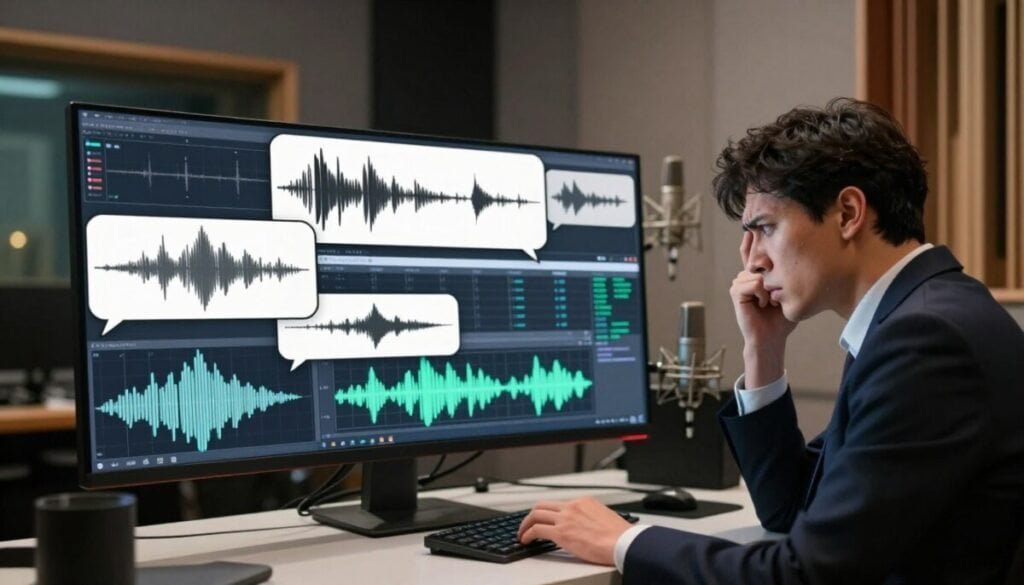 A visually striking scene depicting the concept of "voice cloning pitfalls." In the foreground, a professional-looking person in business attire sits at a modern desk, looking frustrated while analyzing audio waveforms on a computer screen. The middle layer features various speech and audio elements like distorted waveforms and mismatched audio clips, symbolizing common pitfalls. In the background, a blurred recording studio with microphones and soundproof panels evokes a technical atmosphere. Soft, diffused lighting creates a thoughtful mood, highlighting the tension between innovation and error in voice technology. The angle should be slightly elevated to capture both the person’s expression and the chaotic audio visualizations, emphasizing the challenges of generating AI voiceovers. A visually striking scene depicting the concept of "voice cloning pitfalls." In the foreground, a professional-looking person in business attire sits at a modern desk, looking frustrated while analyzing audio waveforms on a computer screen. The middle layer features various speech and audio elements like distorted waveforms and mismatched audio clips, symbolizing common pitfalls. In the background, a blurred recording studio with microphones and soundproof panels evokes a technical atmosphere. Soft, diffused lighting creates a thoughtful mood, highlighting the tension between innovation and error in voice technology. The angle should be slightly elevated to capture both the person’s expression and the chaotic audio visualizations, emphasizing the challenges of generating AI voiceovers.