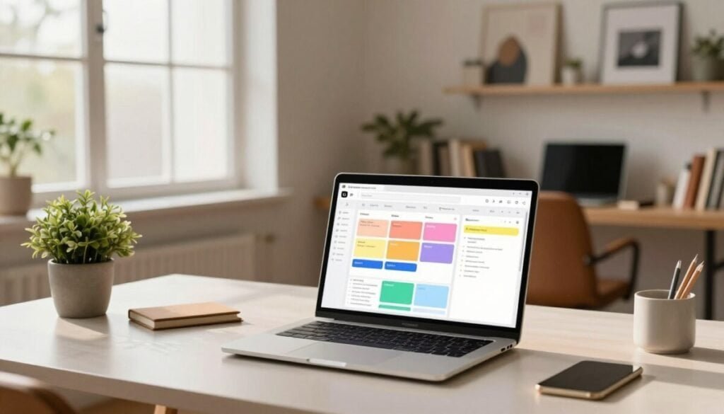 A well-organized Notion workspace showcasing a flexible work environment. In the foreground, a sleek laptop displays a dynamic Notion dashboard filled with colorful blocks and notes. Surrounding it, a modern desk with minimalistic design, a potted plant, and stylish stationery. In the middle, a comfortable office chair and a large window letting in soft natural light, casting gentle shadows. In the background, a home office scene with neutral-colored walls, a bookshelf filled with books, and inspirational art. The mood is calm and productive, emphasizing creativity and collaboration. Capture this scene with warm lighting, a depth of field that focuses on the laptop while slightly blurring the background, using a standard lens to create a balanced perspective.