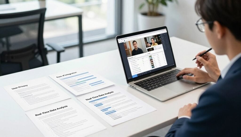 A well-organized workspace showcasing the key criteria for evaluating session replay tools. In the foreground, a neatly arranged desk with a laptop open, displaying analytics dashboards and session replay footage. A professional individual in business attire is analyzing data on the screen, with thoughtful expression. In the middle, scattered documents outline essential criteria such as "User Privacy," "Ease of Integration," "Real-Time Data Analysis," and "Visual Replay Capabilities." The background features a modern office with light streaming in through large windows, creating a bright and engaging atmosphere. The overall mood is focused and industrious, reflecting the importance of effective evaluation in UX and CRO teams. The angle captures a dynamic view of the workspace, emphasizing productivity without any text or clutter. A well-organized workspace showcasing the key criteria for evaluating session replay tools. In the foreground, a neatly arranged desk with a laptop open, displaying analytics dashboards and session replay footage. A professional individual in business attire is analyzing data on the screen, with thoughtful expression. In the middle, scattered documents outline essential criteria such as "User Privacy," "Ease of Integration," "Real-Time Data Analysis," and "Visual Replay Capabilities." The background features a modern office with light streaming in through large windows, creating a bright and engaging atmosphere. The overall mood is focused and industrious, reflecting the importance of effective evaluation in UX and CRO teams. The angle captures a dynamic view of the workspace, emphasizing productivity without any text or clutter.
