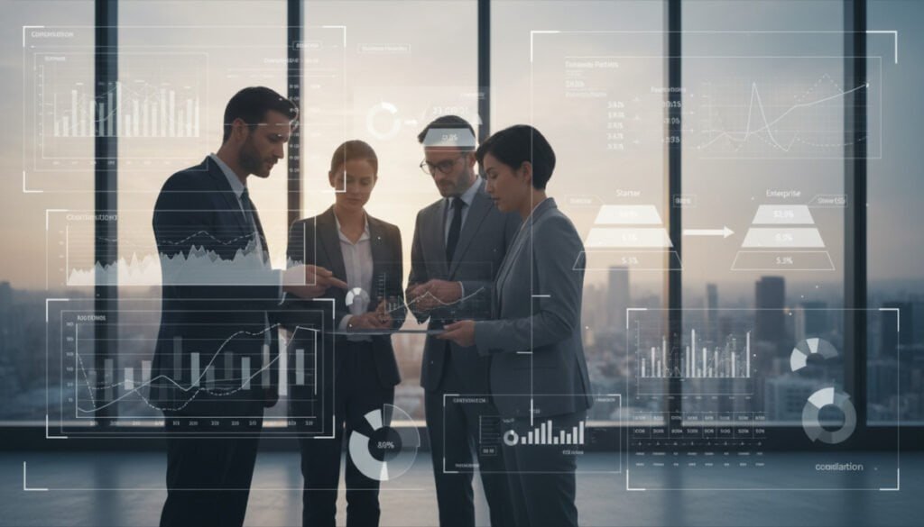 An abstract representation of dynamic pricing models for SaaS success, featuring a futuristic digital interface with graphs and charts illustrating fluctuating prices and customer engagement metrics. In the foreground, a group of diverse professionals in business attire, engaged in a collaborative discussion, analyzing the data on a large touchscreen display. The middle ground showcases floating infographic elements, depicting transparent pricing tiers and comparisons, seamlessly integrated into the digital environment. The background features a modern, sleek office space with large windows overlooking a city skyline, illuminated by soft natural light. The mood is energetic and innovative, emphasizing a forward-thinking approach to pricing strategies in software as a service.