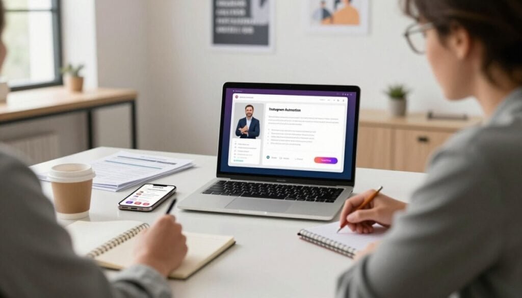 An imaginative workspace scene showcasing the Instaset Instagram automation tool on a sleek laptop, with a professional coach analyzing data on the screen. In the foreground, a person dressed in smart casual attire is engaged in deep focus, with a notepad and coffee cup nearby. The middle ground features a modern desk filled with coaching materials, a smartphone displaying Instagram notifications, and bright, inviting lighting highlighting the tech elements. In the background, a minimalist office environment with motivational posters and a large window letting in natural light creates a warm atmosphere of productivity and growth. The image conveys a sense of innovation and professionalism, capturing the essence of specialized coaching workflows for lead generation. An imaginative workspace scene showcasing the Instaset Instagram automation tool on a sleek laptop, with a professional coach analyzing data on the screen. In the foreground, a person dressed in smart casual attire is engaged in deep focus, with a notepad and coffee cup nearby. The middle ground features a modern desk filled with coaching materials, a smartphone displaying Instagram notifications, and bright, inviting lighting highlighting the tech elements. In the background, a minimalist office environment with motivational posters and a large window letting in natural light creates a warm atmosphere of productivity and growth. The image conveys a sense of innovation and professionalism, capturing the essence of specialized coaching workflows for lead generation.