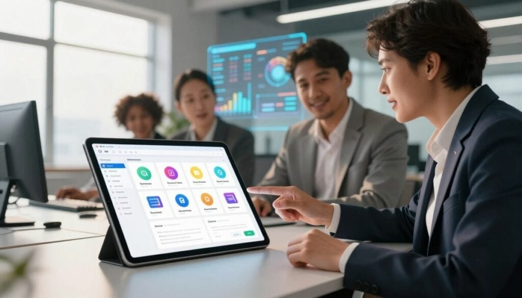 An informative scene focusing on digital documentation maintained by AI agents, featuring a sleek, modern workspace. In the foreground, a high-resolution tablet displays organized digital files with clear, colorful icons representing various documentation tools. In the middle, a diverse team of professionals in business attire (two men and one woman) collaboratively discussing the tablet, showcasing engagement and collaboration. The atmosphere is bright and innovative, with warm, natural lighting streaming through large windows, highlighting the team's excitement about AI applications. The background features a futuristic office with holographic displays of data metrics and charts, symbolizing advanced technology in documentation maintenance. The overall mood is dynamic and encouraging, emphasizing the impact of AI on productivity and efficiency. An informative scene focusing on digital documentation maintained by AI agents, featuring a sleek, modern workspace. In the foreground, a high-resolution tablet displays organized digital files with clear, colorful icons representing various documentation tools. In the middle, a diverse team of professionals in business attire (two men and one woman) collaboratively discussing the tablet, showcasing engagement and collaboration. The atmosphere is bright and innovative, with warm, natural lighting streaming through large windows, highlighting the team's excitement about AI applications. The background features a futuristic office with holographic displays of data metrics and charts, symbolizing advanced technology in documentation maintenance. The overall mood is dynamic and encouraging, emphasizing the impact of AI on productivity and efficiency.