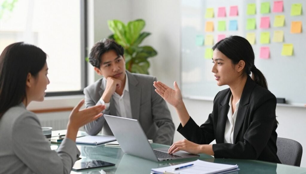 In a bright, modern office setting, depict a diverse group of three professionals engaged in a dynamic discussion around a transparent glass table. In the foreground, a businesswoman in smart attire, confidently presenting her ideas with a laptop open in front of her. A businessman, nodding thoughtfully, indicates understanding, while a third colleague gestures with enthusiasm. In the middle ground, soft natural light filters through large windows, casting gentle shadows and highlighting the collaborative atmosphere. The background features green indoor plants and a whiteboard filled with vibrant sticky notes that symbolize ideas and strategies. The overall mood conveys optimism, open communication, and mutual respect, representing the essential theme of trust in behavioral marketing. Use a slightly elevated angle to capture both the individuals and the workspace harmoniously. In a bright, modern office setting, depict a diverse group of three professionals engaged in a dynamic discussion around a transparent glass table. In the foreground, a businesswoman in smart attire, confidently presenting her ideas with a laptop open in front of her. A businessman, nodding thoughtfully, indicates understanding, while a third colleague gestures with enthusiasm. In the middle ground, soft natural light filters through large windows, casting gentle shadows and highlighting the collaborative atmosphere. The background features green indoor plants and a whiteboard filled with vibrant sticky notes that symbolize ideas and strategies. The overall mood conveys optimism, open communication, and mutual respect, representing the essential theme of trust in behavioral marketing. Use a slightly elevated angle to capture both the individuals and the workspace harmoniously.