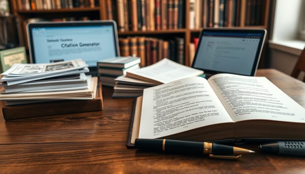 A beautifully arranged composition of a wooden desk illuminated by soft, warm lighting. In the foreground, an open book with pages filled with neatly formatted citations in APA, MLA, and Chicago styles. A vintage style pen rests beside the book, reflecting a scholarly atmosphere. In the middle ground, a stack of neatly organized reference materials and a laptop displaying a citation generator interface, hinting at modern academic practices. In the background, a bookshelf filled with well-worn classics and academic texts creates a cozy study environment. The mood is intellectual and inviting, perfect for fostering a love of literature and research. Shoot from a slightly elevated angle to capture the entire scene, focusing on the textures of the desk and the intricate details of the citations. A beautifully arranged composition of a wooden desk illuminated by soft, warm lighting. In the foreground, an open book with pages filled with neatly formatted citations in APA, MLA, and Chicago styles. A vintage style pen rests beside the book, reflecting a scholarly atmosphere. In the middle ground, a stack of neatly organized reference materials and a laptop displaying a citation generator interface, hinting at modern academic practices. In the background, a bookshelf filled with well-worn classics and academic texts creates a cozy study environment. The mood is intellectual and inviting, perfect for fostering a love of literature and research. Shoot from a slightly elevated angle to capture the entire scene, focusing on the textures of the desk and the intricate details of the citations.