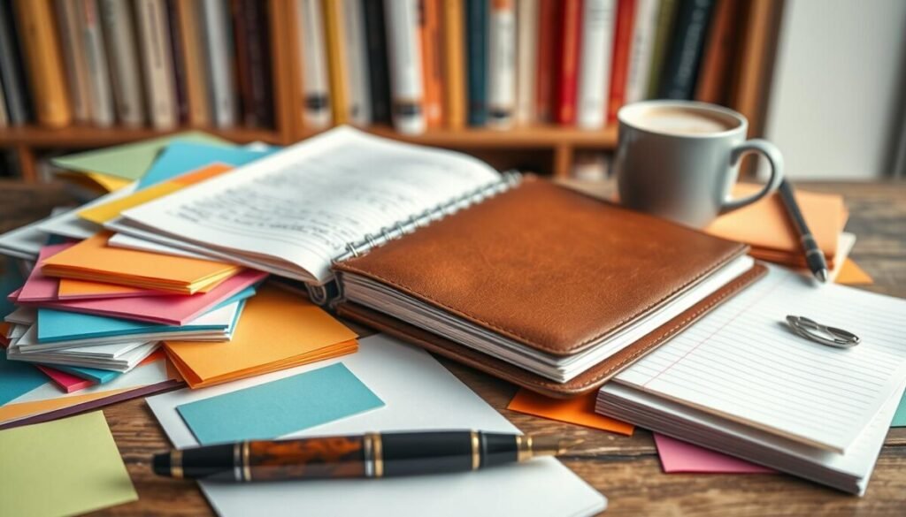 A beautifully arranged flat lay of assorted notes and stationery, featuring various colorful sticky notes, neatly stacked lined paper, and a stylish leather notebook open with handwritten entries. In the foreground, a fountain pen lies elegantly beside the notebook, with a latte in a white ceramic cup partially visible. In the middle, a soft, warm light highlights the textures of the paper and the vibrant colors of the notes, creating an inviting atmosphere. The background reveals a blurred bookshelf filled with books on writing and research. The composition should feel organized yet creatively inspiring, evoking a sense of focused productivity suitable for writers and researchers.