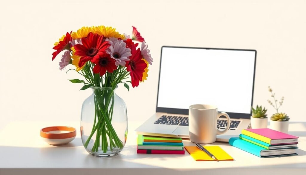 A beautifully composed digital illustration showcasing a variety of objects against a transparent background. In the foreground, feature an elegant glass vase filled with vibrant flowers, highlighting colors like deep red, bright yellow, and soft lavender. Beside it, display a sleek modern laptop open to an image editing interface, illustrating the concept of background removal. In the middle ground, include an array of everyday items such as a coffee mug, a stack of colorful notepads, and a small potted plant to convey a workspace ambiance. The lighting should be soft and natural, with a slight shadow cast on the surface the objects rest on, suggesting a cozy creative environment. Overall, the mood is inspiring and productive, ideal for emphasizing the utility of transparent images in design. A beautifully composed digital illustration showcasing a variety of objects against a transparent background. In the foreground, feature an elegant glass vase filled with vibrant flowers, highlighting colors like deep red, bright yellow, and soft lavender. Beside it, display a sleek modern laptop open to an image editing interface, illustrating the concept of background removal. In the middle ground, include an array of everyday items such as a coffee mug, a stack of colorful notepads, and a small potted plant to convey a workspace ambiance. The lighting should be soft and natural, with a slight shadow cast on the surface the objects rest on, suggesting a cozy creative environment. Overall, the mood is inspiring and productive, ideal for emphasizing the utility of transparent images in design.