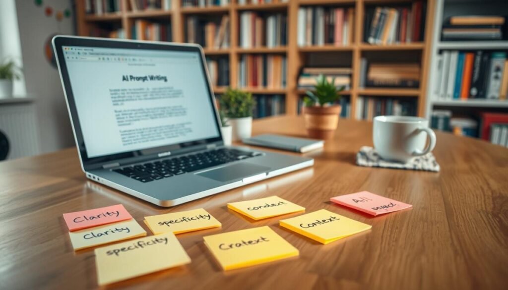 A beautifully organized workspace, featuring a wooden desk with a sleek laptop open, showcasing an AI prompt writing interface. In the foreground, several colorful sticky notes are scattered, each with neatly written phrases like "clarity," "specificity," and "context." In the middle ground, a soft light source illuminates the workspace, casting gentle shadows that add depth to the scene. A plant and a mug of coffee add a personal touch. The background features a blurred bookshelf filled with books on writing and creativity, creating an inviting and intellectual atmosphere. The overall mood is inspiring and productive, encouraging viewers to engage in the art of prompt writing. The angle is slightly elevated, providing a comprehensive view of the setup, focusing on creativity and professionalism.
