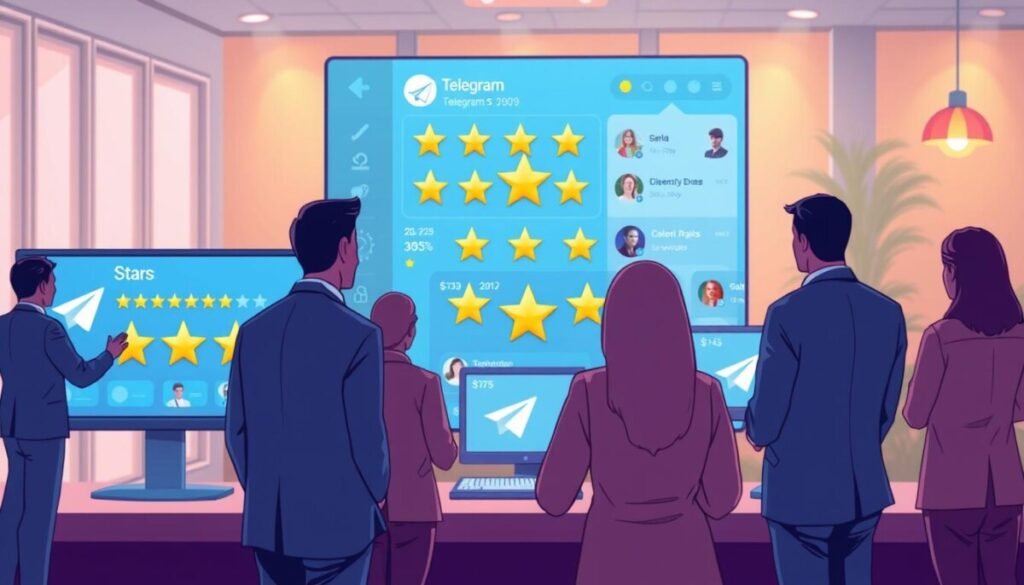 A bright and engaging illustration showing "telegram stars" in a vibrant online setting. In the foreground, feature several human figures in professional business attire, interacting with digital screens displaying star ratings and audience engagement metrics. The middle ground includes a stylized representation of a Telegram interface, highlighting various star icons and user interactions, against a warm, inviting background of a modern digital workspace. Soft ambient lighting enhances the positivity and excitement of a community coming together to support content creators. Use a slight overhead angle to convey depth, creating a sense of focus on the collaboration and support dynamic. The overall mood should be optimistic and forward-looking, reflecting the potential of direct audience support through Telegram stars.