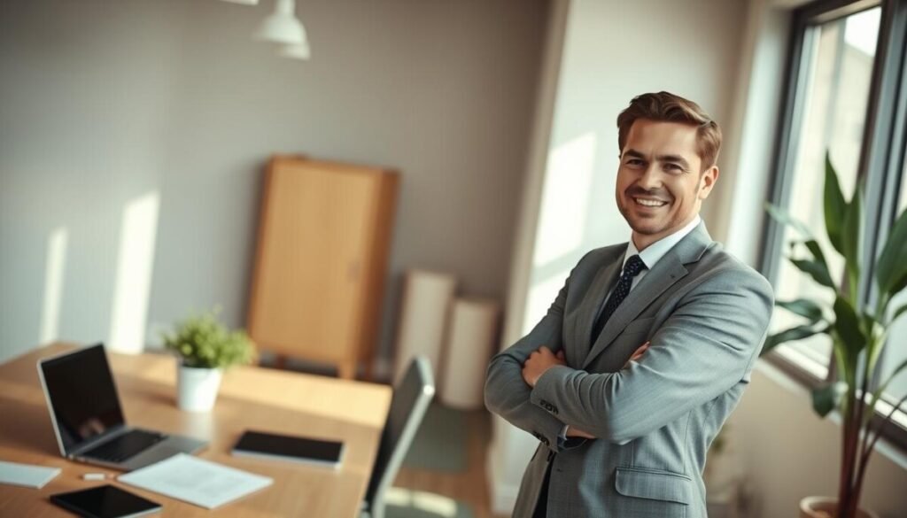 A bright and inviting office space serves as the background, featuring a sleek desk with a laptop, business documents, and a stylish plant for a touch of greenery. In the foreground, a confident professional person dressed in smart business attire stands beside the desk, smiling and looking directly at the camera. Soft, natural light pours in from a nearby window, illuminating the space and creating a warm, welcoming atmosphere. The angle captures both the individual and the workspace, highlighting the importance of a polished business image. The overall mood is optimistic and professional, evoking a sense of approachability and success, perfect for enhancing a business profile with engaging visual content.