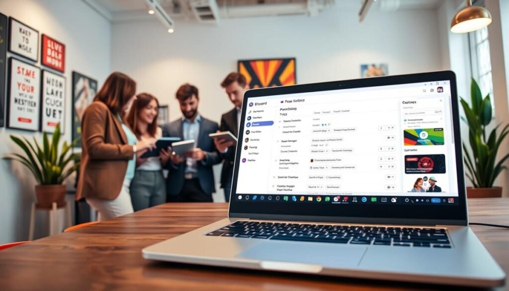 A bright and modern Discord server interface, showcasing a Stage Channel permissions test setup. In the foreground, a sleek laptop displaying a vibrant Discord dashboard with clearly labeled permissions settings, user roles, and channel options. The middle layer features a diverse group of four professionals in business casual clothing, discussing the setup with focus, pointing at the screen, and taking notes on their tablets. The background includes a cozy office space with motivational posters on the walls, plants, and soft lighting that creates an inviting atmosphere. The perspective is slightly above eye level, emphasizing the collaboration and engagement around the test setup, with warm, inviting colors that convey a sense of teamwork and professionalism.