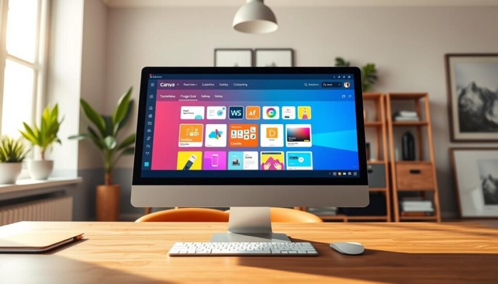 A bright and modern design interface of Canva displayed on a sleek, high-resolution computer screen, occupying the foreground. The middle layer features a user-friendly layout showcasing various design tools, icons, and templates in vibrant colors. The background exhibits a stylish, contemporary workspace with soft natural lighting filtering through a window, creating a warm and inviting atmosphere. Use a wide-angle lens perspective to capture the depth of the workspace and the clarity of the interface details. The mood is inspiring and creative, ideal for beginners learning to navigate graphic design tools. There are no people in the scene, focusing solely on the interface elements without any text, captions, or overlays. A bright and modern design interface of Canva displayed on a sleek, high-resolution computer screen, occupying the foreground. The middle layer features a user-friendly layout showcasing various design tools, icons, and templates in vibrant colors. The background exhibits a stylish, contemporary workspace with soft natural lighting filtering through a window, creating a warm and inviting atmosphere. Use a wide-angle lens perspective to capture the depth of the workspace and the clarity of the interface details. The mood is inspiring and creative, ideal for beginners learning to navigate graphic design tools. There are no people in the scene, focusing solely on the interface elements without any text, captions, or overlays.