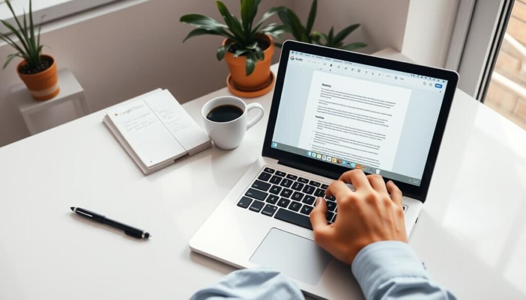 A bright and modern workspace featuring a laptop open to Google Docs on the screen, displaying a well-organized document with clear formatting. In the foreground, a person's hands typing thoughtfully on the keyboard, dressed in professional attire, like a neat button-up shirt. In the middle, a cup of coffee on the side and a notepad with handwritten notes, symbolizing brainstorming and communication. The background showcases a window with natural light streaming in, illuminating the workspace, and a few plants adding a touch of greenery. The mood is productive and collaborative, emphasizing efficiency in communication and writing. The camera angle is slightly top-down, capturing the essence of a focused work session. A bright and modern workspace featuring a laptop open to Google Docs on the screen, displaying a well-organized document with clear formatting. In the foreground, a person's hands typing thoughtfully on the keyboard, dressed in professional attire, like a neat button-up shirt. In the middle, a cup of coffee on the side and a notepad with handwritten notes, symbolizing brainstorming and communication. The background showcases a window with natural light streaming in, illuminating the workspace, and a few plants adding a touch of greenery. The mood is productive and collaborative, emphasizing efficiency in communication and writing. The camera angle is slightly top-down, capturing the essence of a focused work session.