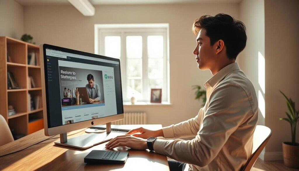 A bright and modern workspace showcasing a computer screen displaying the Webflow interface, featuring a clean and user-friendly design. In the foreground, a focused young professional wearing smart casual attire sits at a sleek wooden desk, actively engaging with the platform. The midground features a window allowing natural light to flood the room, casting soft shadows and creating a welcoming atmosphere. Behind the desk, shelves filled with design books and inspirational materials hint at a creative environment. The lighting is warm and inviting, accentuating the workspace's professional yet approachable mood. The camera angle is slightly elevated, providing a clear view of both the user and the computer interface in action, emphasizing the ease of starting with Webflow for beginners.
