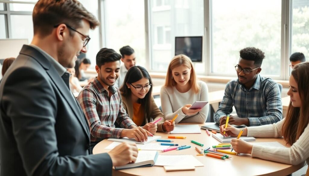 A bright, modern classroom filled with diverse educators and students actively engaged in writing exercises. In the foreground, a close-up of a teacher in professional attire demonstrating creative writing techniques to a group of students, each holding colorful pens and notebooks. The middle ground features a circular table where students collaborate, sharing ideas and writing tools like highlighters and sticky notes. In the background, large windows allow natural light to flood the room, creating a warm and inviting atmosphere. The scene conveys a sense of collaboration, innovation, and engagement in an AI-enabled learning environment, with a bright, airy feel, captured with a soft focus to emphasize the action. A bright, modern classroom filled with diverse educators and students actively engaged in writing exercises. In the foreground, a close-up of a teacher in professional attire demonstrating creative writing techniques to a group of students, each holding colorful pens and notebooks. The middle ground features a circular table where students collaborate, sharing ideas and writing tools like highlighters and sticky notes. In the background, large windows allow natural light to flood the room, creating a warm and inviting atmosphere. The scene conveys a sense of collaboration, innovation, and engagement in an AI-enabled learning environment, with a bright, airy feel, captured with a soft focus to emphasize the action.