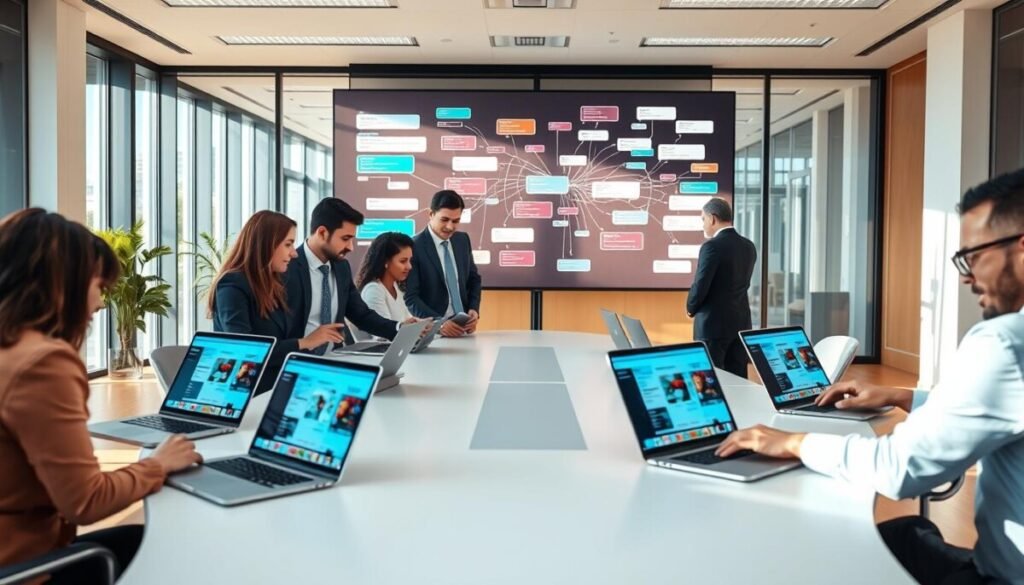 A bright, modern office setting filled with professionals engaged in organizing digital conversation threads on their devices. In the foreground, a diverse group of three individuals, dressed in smart business attire, are gathered around a sleek conference table with laptops open, displaying colorful chat interfaces. In the middle ground, a large digital screen shows an abstract visual representation of organized conversations, with color-coded threads and branching lines. The background features floor-to-ceiling windows with daylight streaming in, casting soft shadows on the polished wooden floor. The atmosphere is collaborative and focused, evoking a sense of productivity and teamwork. The lighting is bright and evenly distributed, enhancing the clarity of the workspace. A bright, modern office setting filled with professionals engaged in organizing digital conversation threads on their devices. In the foreground, a diverse group of three individuals, dressed in smart business attire, are gathered around a sleek conference table with laptops open, displaying colorful chat interfaces. In the middle ground, a large digital screen shows an abstract visual representation of organized conversations, with color-coded threads and branching lines. The background features floor-to-ceiling windows with daylight streaming in, casting soft shadows on the polished wooden floor. The atmosphere is collaborative and focused, evoking a sense of productivity and teamwork. The lighting is bright and evenly distributed, enhancing the clarity of the workspace.