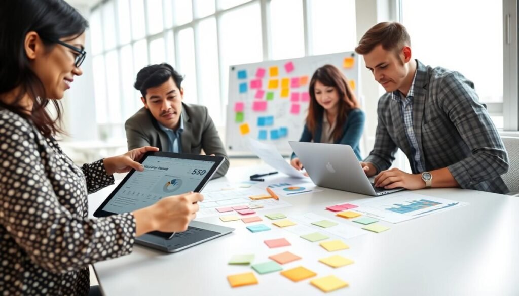 A bright, modern office space with a diverse group of four professionals gathered around a large, collaborative table. In the foreground, a woman of Asian descent is pointing at a digital tablet, displaying project data, while a Black male colleague takes notes on a laptop. Another woman, of Hispanic descent, is focused on a paper document, and a Caucasian male is brainstorming ideas on a whiteboard. The middle ground showcases colorful sticky notes and charts, symbolizing teamwork. In the background, large windows let in soft natural light, creating an uplifting atmosphere. The scene captures a sense of productivity and collaboration, emphasizing teamwork in a collaborative setting.