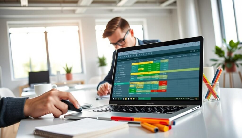 A bright, modern office workspace featuring a laptop open to a Google Sheets document displaying various cells with vibrant conditional formatting highlights—some cells in green, yellow, and red for easy data visualization. In the foreground, a professional in business casual attire, focused on the screen, is using a mouse to adjust formatting settings. The middle ground showcases a clutter-free desk with a coffee cup, notepad, and colorful pens. In the background, large windows let in natural light, illuminating the room and creating a productive atmosphere. The angle is slightly overhead, capturing both the vibrant colors of the spreadsheet and the concentration of the individual. The mood is energetic and focused, illustrating the ease of applying basic formatting rules to enhance data readability. A bright, modern office workspace featuring a laptop open to a Google Sheets document displaying various cells with vibrant conditional formatting highlights—some cells in green, yellow, and red for easy data visualization. In the foreground, a professional in business casual attire, focused on the screen, is using a mouse to adjust formatting settings. The middle ground showcases a clutter-free desk with a coffee cup, notepad, and colorful pens. In the background, large windows let in natural light, illuminating the room and creating a productive atmosphere. The angle is slightly overhead, capturing both the vibrant colors of the spreadsheet and the concentration of the individual. The mood is energetic and focused, illustrating the ease of applying basic formatting rules to enhance data readability.