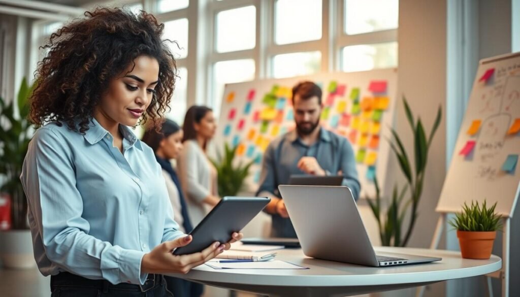 A bright, modern workspace featuring a diverse team of professionals engaging in content creation. In the foreground, a focused woman with curly hair, wearing smart casual attire, is brainstorming on a digital tablet. Beside her, a confident man in a tailored shirt reviews notes on a laptop, showcasing collaboration. The middle ground includes a large whiteboard filled with colorful post-it notes and sketches, symbolizing creative planning. In the background, large windows let in natural light, illuminating the space, with potted plants adding a touch of greenery. The atmosphere is energetic yet focused, capturing the essence of teamwork and innovation in content creation. The image is shot from a slight elevation to provide depth and perspective, emphasizing the dynamic environment.