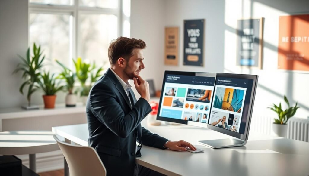 A bright, modern workspace showcasing a computer screen displaying various web templates for a one-page site. In the foreground, a person in smart casual attire sits at a sleek desk, thoughtfully reviewing the templates. Their expression reflects concentration and excitement. In the middle ground, a selection of digital templates is visible on the screen, featuring colorful, minimalist designs with engaging layouts. The background includes soft-focus elements like potted plants and motivational posters, creating an inviting and creative atmosphere. Soft, natural light filters through a nearby window, casting gentle shadows that enhance the serene mood of the workspace. The angle captures a dynamic perspective, emphasizing the act of selection and the potential for creativity. A bright, modern workspace showcasing a computer screen displaying various web templates for a one-page site. In the foreground, a person in smart casual attire sits at a sleek desk, thoughtfully reviewing the templates. Their expression reflects concentration and excitement. In the middle ground, a selection of digital templates is visible on the screen, featuring colorful, minimalist designs with engaging layouts. The background includes soft-focus elements like potted plants and motivational posters, creating an inviting and creative atmosphere. Soft, natural light filters through a nearby window, casting gentle shadows that enhance the serene mood of the workspace. The angle captures a dynamic perspective, emphasizing the act of selection and the potential for creativity.