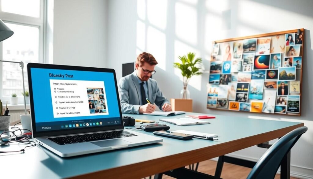 A bright, modern workspace with a large desk cluttered with various creative tools. In the foreground, a laptop displaying an open Bluesky post creation interface, highlighting visual media requirements such as image dimensions and file types. To the right, a colorful collection of eye-catching graphics and images pinned to a digital mood board. In the background, a large window allows natural light to flood the room, casting soft shadows and creating a warm atmosphere. A professional in smart casual attire is engaged in crafting content, jotting down notes on a notepad. The color palette is vibrant with blues and greens, evoking a sense of creativity and engagement, while maintaining a clean and organized aesthetic. A bright, modern workspace with a large desk cluttered with various creative tools. In the foreground, a laptop displaying an open Bluesky post creation interface, highlighting visual media requirements such as image dimensions and file types. To the right, a colorful collection of eye-catching graphics and images pinned to a digital mood board. In the background, a large window allows natural light to flood the room, casting soft shadows and creating a warm atmosphere. A professional in smart casual attire is engaged in crafting content, jotting down notes on a notepad. The color palette is vibrant with blues and greens, evoking a sense of creativity and engagement, while maintaining a clean and organized aesthetic.