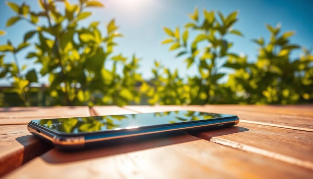 A bright, sunlit scene showcasing a sleek smartphone lying on a wooden picnic table in the foreground. The device's screen glistens under direct sunlight, casting sharp reflections and creating a stark contrast against the warm colors of the wood. In the middle ground, vibrant green leaves flutter gently in a light breeze, dappled sunlight filtering through, creating an interplay of light and shadow. In the background, a clear blue sky enhances the brightness, emphasizing the heat of the midday sun. The image should capture the intense, warm atmosphere of a hot summer day, evoking a sense of heat and illustrating the environmental effects on technology. Use vibrant colors and a slightly elevated angle to create depth and focus on the smartphone. The overall mood should be lively and bright, encouraging reflection on device performance under heat.