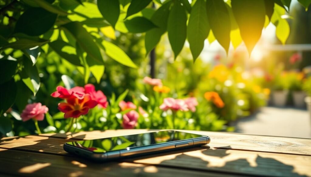A bright, sunny day with the sun's rays streaming through green leaves, casting intricate patterns of light and shadow onto a modern smartphone placed on a wooden table. The foreground features the phone, slightly angled to reveal its sleek design, with gentle heat waves shimmering above it. In the middle ground, lush greenery surrounds the table, with vibrant flowers adding pops of color. The background showcases a soft, blurred garden scene under the intense sunlight, enhancing the feeling of warmth. The lighting is vivid and direct, creating a stark contrast between the shadows and highlights, fostering a lively and inviting mood that underscores the concept of direct sunlight's effect on heat accumulation.