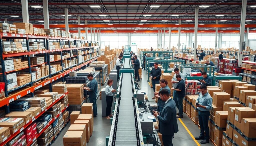 A bustling fulfillment center interior, featuring rows of neatly organized shelves stocked with various products ready for shipment. In the foreground, a diverse group of professionals dressed in smart casual attire efficiently packing orders, using technology like tablets and handheld scanners. The middle ground showcases conveyor belts and automated sorting systems in action, illustrating a modern logistical environment. The background reveals large windows allowing natural light to pour in, creating a bright and energetic atmosphere. The space is filled with a sense of productivity and teamwork, with vibrant colors reflecting a dynamic work culture. The camera angle is slightly elevated, providing a broad view of the operations while emphasizing the scale of the warehouse.