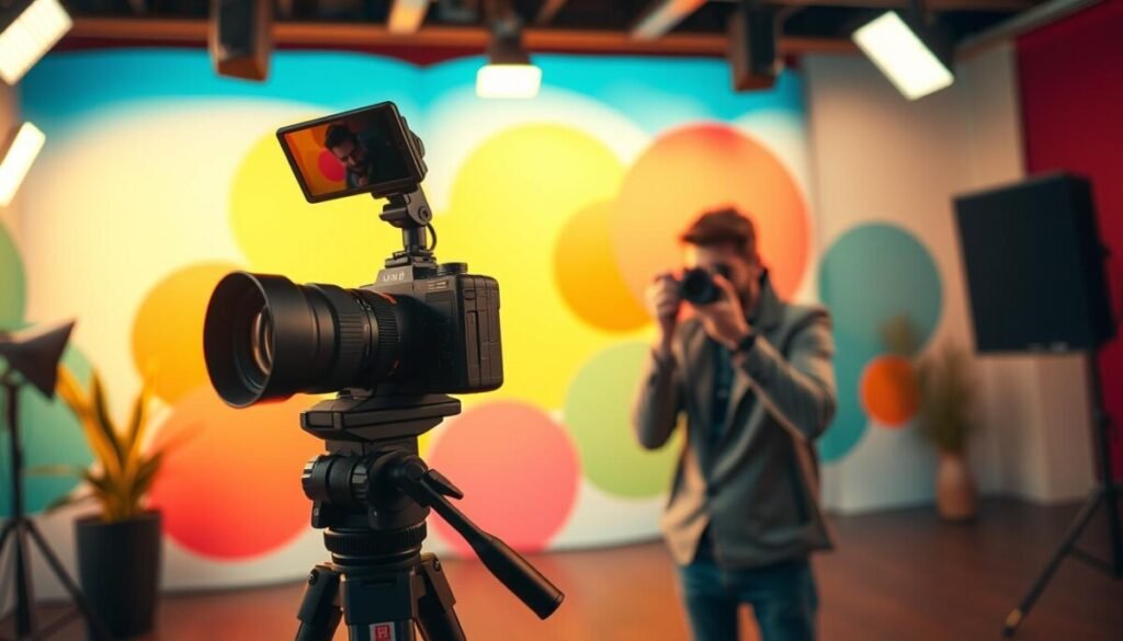 A cinematic scene depicting dynamic camera movements in a vibrant studio setting. In the foreground, a sleek, modern camera on a tripod captures a series of artistic shots, with its lens glistening under soft, diffused lighting. In the middle ground, a professional filmmaker adjusts the camera settings, dressed in smart casual attire, focused on the action. Behind them, a colorful backdrop with abstract shapes enhances the visual narrative, suggesting movement and creativity. The atmosphere is energized and inspiring, with warm tones highlighting the creative process. The angle captures the depth of the space, emphasizing the idea of motion as the camera subtly blurs to convey movement. The overall mood is innovative and engaging, inviting viewers to explore the art of storytelling through camera techniques. A cinematic scene depicting dynamic camera movements in a vibrant studio setting. In the foreground, a sleek, modern camera on a tripod captures a series of artistic shots, with its lens glistening under soft, diffused lighting. In the middle ground, a professional filmmaker adjusts the camera settings, dressed in smart casual attire, focused on the action. Behind them, a colorful backdrop with abstract shapes enhances the visual narrative, suggesting movement and creativity. The atmosphere is energized and inspiring, with warm tones highlighting the creative process. The angle captures the depth of the space, emphasizing the idea of motion as the camera subtly blurs to convey movement. The overall mood is innovative and engaging, inviting viewers to explore the art of storytelling through camera techniques.