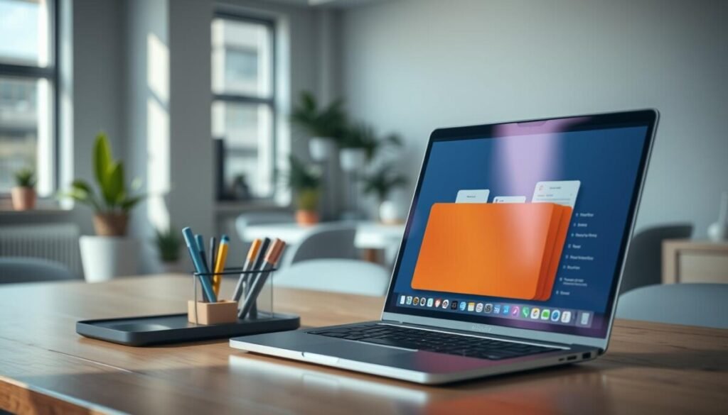 A clean and organized computer desktop scene, showcasing a modern workspace. In the foreground, a sleek laptop is open, displaying a neatly arranged desktop with labeled folders and a few colorful application icons. A stylish desk organizer holds stationery items like pens and sticky notes. In the middle, a well-structured file system is represented by bright, clearly organized folders on the laptop screen, reflecting a sense of clarity. The background features a soft-focus view of a minimalist office space with potted plants and a large window allowing natural light to flood in, creating a warm and inviting atmosphere. Soft lighting casts gentle shadows, enhancing the professional yet calming mood of the space, ideal for productivity.