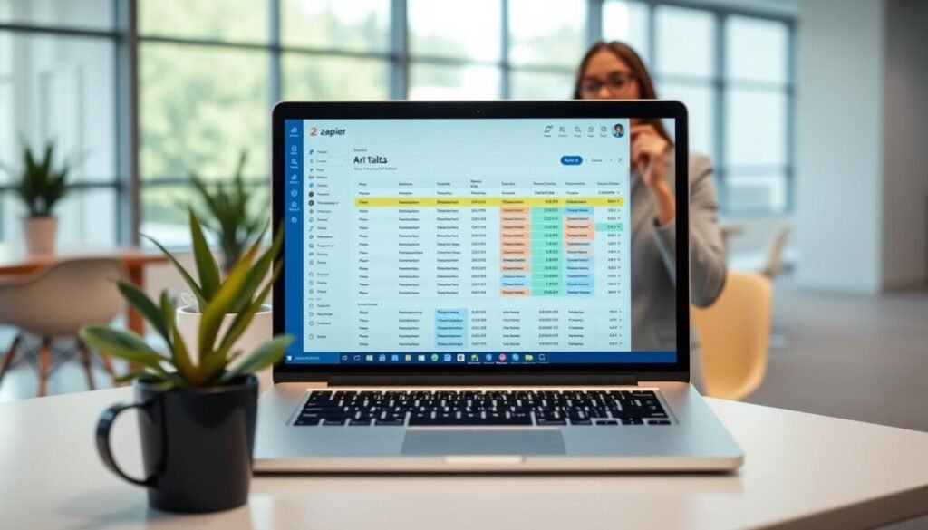 A clean, modern Zapier Tables interface displayed on a sleek laptop screen, positioned on a minimalistic desk with a potted plant and a coffee mug in the foreground. The screen features colorful data tables with columns and rows, showcasing various types of information being integrated seamlessly as a part of a Zapier workflow. In the background, a bright office environment with soft, diffused natural light filters through large windows, creating an inviting atmosphere. A professional individual, dressed in business casual attire, is shown thoughtfully interacting with the laptop, conveying a sense of productivity and collaboration. The focus is sharp on the laptop screen and the person, while the background remains softly blurred to enhance the feeling of being in a tech-driven workspace. A clean, modern Zapier Tables interface displayed on a sleek laptop screen, positioned on a minimalistic desk with a potted plant and a coffee mug in the foreground. The screen features colorful data tables with columns and rows, showcasing various types of information being integrated seamlessly as a part of a Zapier workflow. In the background, a bright office environment with soft, diffused natural light filters through large windows, creating an inviting atmosphere. A professional individual, dressed in business casual attire, is shown thoughtfully interacting with the laptop, conveying a sense of productivity and collaboration. The focus is sharp on the laptop screen and the person, while the background remains softly blurred to enhance the feeling of being in a tech-driven workspace.