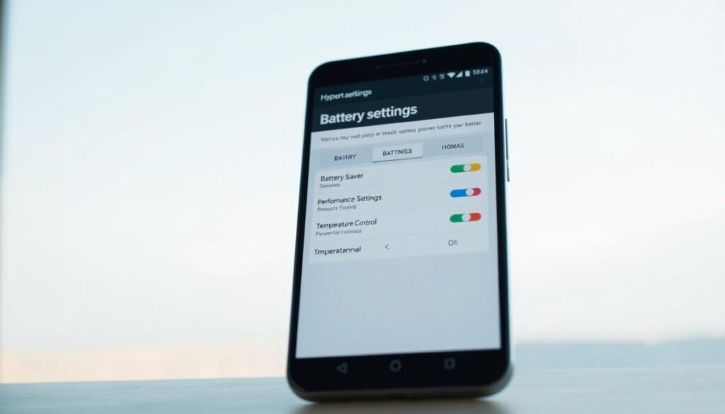 A clean, modern digital interface displaying "Battery Settings" on a Xiaomi smartphone running HyperOS. In the foreground, focus on a vivid, user-friendly battery settings page with detailed options like "Battery Saver," "Performance Settings," and "Temperature Control" clearly visible. The middle layer shows a large smartphone, angled slightly to the right for a dynamic view, with colorful icons and sliders intact. The background is a subtle gradient of soft blues and whites, enhancing the tech environment. Use soft, natural lighting to highlight the smartphone’s sleek design and the clarity of the screen. The atmosphere is calm and productive, conveying a sense of optimization and control over device settings to prevent overheating.
