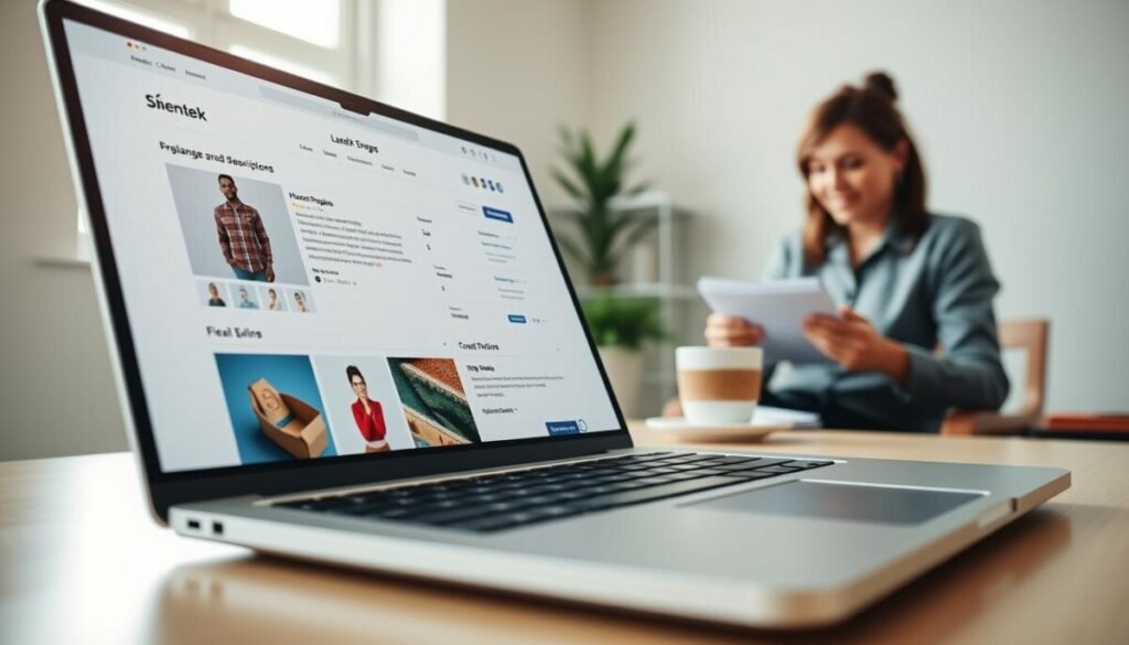 A clean, modern e-commerce platform showcasing optimized product detail pages. In the foreground, focus on a sleek laptop displaying a vibrant, well-organized product detail page featuring high-quality images, detailed descriptions, and customer reviews. In the middle, include a well-lit workspace with a blurred coffee cup, notepad, and a professional-looking person in business attire, casually reviewing the product details. In the background, soft natural light filters through a window, enhancing the warm and inviting atmosphere of the workspace. The angle is a slight overhead shot to capture both the laptop and the workspace. The mood is productive and focused, emphasizing professionalism and attention to detail in e-commerce. A clean, modern e-commerce platform showcasing optimized product detail pages. In the foreground, focus on a sleek laptop displaying a vibrant, well-organized product detail page featuring high-quality images, detailed descriptions, and customer reviews. In the middle, include a well-lit workspace with a blurred coffee cup, notepad, and a professional-looking person in business attire, casually reviewing the product details. In the background, soft natural light filters through a window, enhancing the warm and inviting atmosphere of the workspace. The angle is a slight overhead shot to capture both the laptop and the workspace. The mood is productive and focused, emphasizing professionalism and attention to detail in e-commerce.