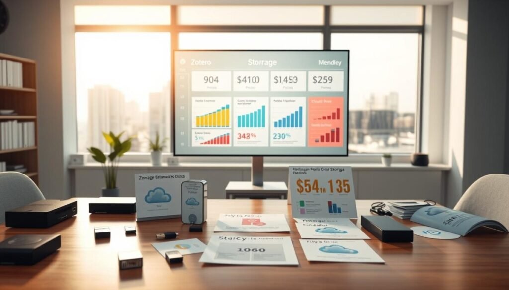 A clean, modern office workspace showcasing various storage options for digital data related to Zotero and Mendeley. In the foreground, a sleek wooden desk holds multiple open storage devices like USB drives, external hard drives, and printed flyers with icons representing cloud storage services. The middle ground features a large, transparent digital display screen presenting colorful graphs and charts illustrating pricing models in an organized layout. In the background, a bright window shows a sunny, urban skyline. The lighting is bright and professional, simulating a well-lit office, using soft natural light to create an optimistic atmosphere. No people are present, ensuring the focus is purely on the storage options and pricing models. A clean, modern office workspace showcasing various storage options for digital data related to Zotero and Mendeley. In the foreground, a sleek wooden desk holds multiple open storage devices like USB drives, external hard drives, and printed flyers with icons representing cloud storage services. The middle ground features a large, transparent digital display screen presenting colorful graphs and charts illustrating pricing models in an organized layout. In the background, a bright window shows a sunny, urban skyline. The lighting is bright and professional, simulating a well-lit office, using soft natural light to create an optimistic atmosphere. No people are present, ensuring the focus is purely on the storage options and pricing models.
