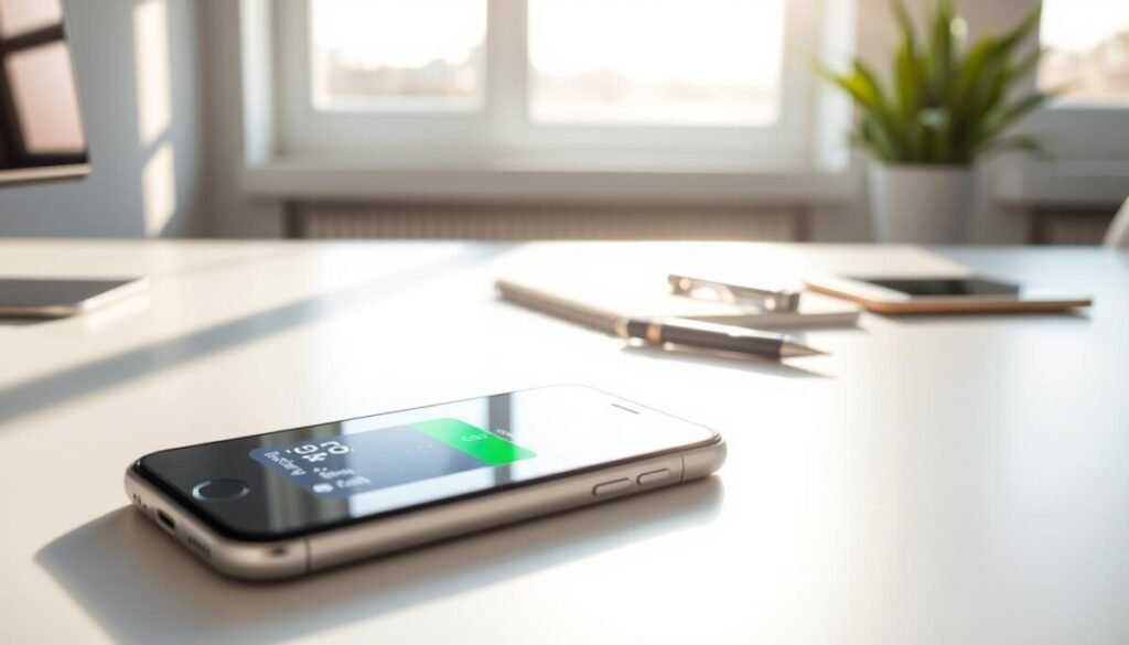 A clean, modern workspace with an iPhone prominently displayed in the foreground, showing the battery health screen with clear indicators of maximum capacity and peak performance. The iPhone's screen is brightly lit, emphasizing the numbers and graphics, while a contrasting background features soft shadows from natural light streaming through a window. In the middle ground, a sleek desk with minimalist accessories, such as a notepad and a stylish pen, hints at productivity. The atmosphere is calm and focused, suggesting a sense of professionalism. Use a slight depth of field to keep the iPhone sharp and the background gently blurred, enhancing the viewer's focus on the battery health information. Ideal lighting should mimic a late afternoon glow. A clean, modern workspace with an iPhone prominently displayed in the foreground, showing the battery health screen with clear indicators of maximum capacity and peak performance. The iPhone's screen is brightly lit, emphasizing the numbers and graphics, while a contrasting background features soft shadows from natural light streaming through a window. In the middle ground, a sleek desk with minimalist accessories, such as a notepad and a stylish pen, hints at productivity. The atmosphere is calm and focused, suggesting a sense of professionalism. Use a slight depth of field to keep the iPhone sharp and the background gently blurred, enhancing the viewer's focus on the battery health information. Ideal lighting should mimic a late afternoon glow.