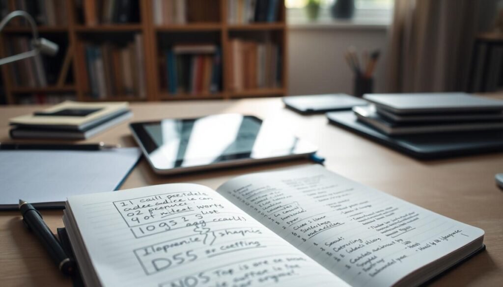 A clean, organized desk scene showcasing a collection of portable notes, notebooks, and digital devices like tablets and laptops, arranged neatly. In the foreground, a sleek notebook is open with handwritten notes, reflecting a mix of bullet points and diagrams. The middle ground features a tablet displaying a note-taking app interface, hinting at digital portability. In the background, a soft-focus bookshelf filled with books symbolizes knowledge accumulation. Natural light streams in from a nearby window, creating a warm and inviting atmosphere. The angle captures the desk from a slightly elevated perspective, emphasizing the tools for capturing thoughts and ideas on-the-go. The overall mood is professional and inspiring, ideal for fostering creativity and productivity. A clean, organized desk scene showcasing a collection of portable notes, notebooks, and digital devices like tablets and laptops, arranged neatly. In the foreground, a sleek notebook is open with handwritten notes, reflecting a mix of bullet points and diagrams. The middle ground features a tablet displaying a note-taking app interface, hinting at digital portability. In the background, a soft-focus bookshelf filled with books symbolizes knowledge accumulation. Natural light streams in from a nearby window, creating a warm and inviting atmosphere. The angle captures the desk from a slightly elevated perspective, emphasizing the tools for capturing thoughts and ideas on-the-go. The overall mood is professional and inspiring, ideal for fostering creativity and productivity.