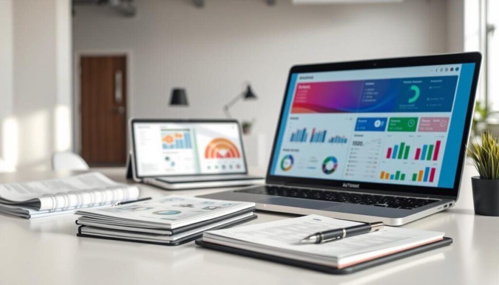 A clean, organized workspace featuring various automation templates displayed on a sleek digital interface. In the foreground, a laptop shows a vibrant dashboard with colorful graphs and icons representing different automation scenarios. To the left, a neatly arranged stack of glossy printed templates lies beside a modern tablet, with elements such as flowcharts and diagrams visible. The middle ground includes a stylish office desk with a planner and high-quality stationery, exhibiting a sense of productivity and order. The background showcases a bright, airy office space with soft, natural lighting streaming through a large window, creating a motivational atmosphere. The scene conveys professionalism and innovation, emphasizing the importance of effective library management in automation. A clean, organized workspace featuring various automation templates displayed on a sleek digital interface. In the foreground, a laptop shows a vibrant dashboard with colorful graphs and icons representing different automation scenarios. To the left, a neatly arranged stack of glossy printed templates lies beside a modern tablet, with elements such as flowcharts and diagrams visible. The middle ground includes a stylish office desk with a planner and high-quality stationery, exhibiting a sense of productivity and order. The background showcases a bright, airy office space with soft, natural lighting streaming through a large window, creating a motivational atmosphere. The scene conveys professionalism and innovation, emphasizing the importance of effective library management in automation.
