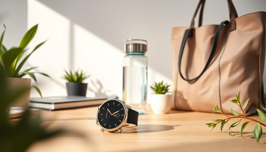 A clean, well-lit workspace showcasing high-quality product imagery for a catalog, featuring three distinct products: a sleek, modern smartwatch in the foreground, a trendy eco-friendly water bottle in the middle, and a stylish handcrafted tote bag in the background. The lighting is bright and natural, highlighting the features of each product, with soft shadows to create depth. The scene is arranged on a light wooden tabletop, surrounded by plants for a fresh and inviting atmosphere. Use a shallow depth of field to focus on the smartwatch, capturing its intricate details, while the other products remain slightly blurred. The overall mood is professional yet approachable, ideal for showcasing best practices in product photography. A clean, well-lit workspace showcasing high-quality product imagery for a catalog, featuring three distinct products: a sleek, modern smartwatch in the foreground, a trendy eco-friendly water bottle in the middle, and a stylish handcrafted tote bag in the background. The lighting is bright and natural, highlighting the features of each product, with soft shadows to create depth. The scene is arranged on a light wooden tabletop, surrounded by plants for a fresh and inviting atmosphere. Use a shallow depth of field to focus on the smartwatch, capturing its intricate details, while the other products remain slightly blurred. The overall mood is professional yet approachable, ideal for showcasing best practices in product photography.