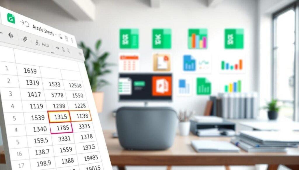 A clear and detailed visualization of Google Sheets array constants. In the foreground, display an open Google Sheets interface with multiple tabs, focusing on an array formula in a cell. The cells should showcase numeric values and simple text, highlighting the use of colorful borders for distinction. In the middle ground, depict various Google Sheets icons, like spreadsheets and charts, represented in vibrant colors to suggest data analysis. In the background, softly blurred office elements, like a desk, computer, and documents, create a professional atmosphere. The lighting should be bright and natural, reminiscent of a well-lit office space, casting subtle shadows. The mood should be focused and productive, emphasizing clarity and organization, suitable for a business context. A clear and detailed visualization of Google Sheets array constants. In the foreground, display an open Google Sheets interface with multiple tabs, focusing on an array formula in a cell. The cells should showcase numeric values and simple text, highlighting the use of colorful borders for distinction. In the middle ground, depict various Google Sheets icons, like spreadsheets and charts, represented in vibrant colors to suggest data analysis. In the background, softly blurred office elements, like a desk, computer, and documents, create a professional atmosphere. The lighting should be bright and natural, reminiscent of a well-lit office space, casting subtle shadows. The mood should be focused and productive, emphasizing clarity and organization, suitable for a business context.