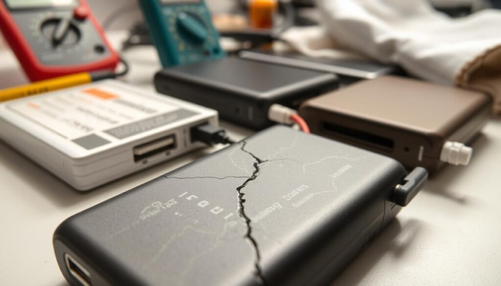 A close-up, detailed view of several power banks showing signs of physical damage, such as cracks, bulges, and discoloration. In the foreground, focus on a power bank with a prominent crack running across its surface, emphasizing the damaged area. The middle shows additional power banks positioned at various angles, some with faded labels and visible wear. The background is softly blurred, hinting at a workspace with tools like a multimeter and a soft cloth, suggesting a thorough inspection environment. The lighting is bright, highlighting the textures and imperfections of the power banks, creating a clinical yet cautionary atmosphere suitable for safety assessments.