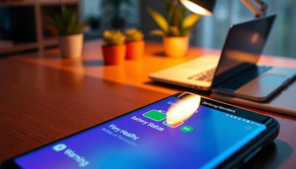 A close-up illustration of a Samsung smartphone displaying the Samsung Members app interface, specifically focusing on the battery status section. The foreground features the phone's sleek design, showcasing its modern aesthetics with a vibrant screen that clearly shows battery health indicators such as “Good,” “Normal,” or “Warning.” In the middle ground, a cozy, well-lit workspace with subtle reflections on a polished wooden desk and a soft-focus background of a professional setting, like a home office, with potted plants and a laptop. The scene is illuminated by warm, natural light coming from a nearby window, creating an inviting and tech-savvy atmosphere. The angle is slightly tilted to capture both the screen's detail and the setting, evoking a sense of clarity and accessibility for users checking their battery status. A close-up illustration of a Samsung smartphone displaying the Samsung Members app interface, specifically focusing on the battery status section. The foreground features the phone's sleek design, showcasing its modern aesthetics with a vibrant screen that clearly shows battery health indicators such as “Good,” “Normal,” or “Warning.” In the middle ground, a cozy, well-lit workspace with subtle reflections on a polished wooden desk and a soft-focus background of a professional setting, like a home office, with potted plants and a laptop. The scene is illuminated by warm, natural light coming from a nearby window, creating an inviting and tech-savvy atmosphere. The angle is slightly tilted to capture both the screen's detail and the setting, evoking a sense of clarity and accessibility for users checking their battery status.