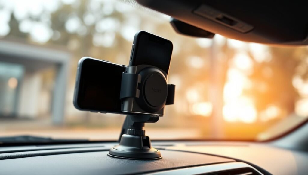 A close-up image of a car phone mount securely installed on a car dashboard. The foreground features a sleek, black phone mounted at an optimal angle for visibility, showcasing its adjustable arm and sturdy grip. In the middle ground, the dashboard has subtle textures, hinting at modern car design, with the phone and mount clearly in focus. The background captures a blurred view of the car's interior, with soft lighting creating a warm and inviting atmosphere. The angle is slightly from above to emphasize the mount’s mechanics and usability without distraction. The overall mood is professional and practical, highlighting the functionality of the car phone mount while avoiding common installation mistakes.