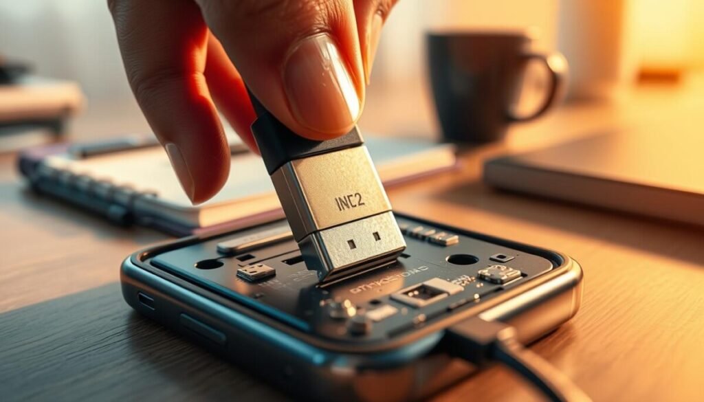 A close-up image of a charging port on a modern smartphone, highlighting the intricate details and components inside. The foreground features the charging port with visible metal contacts, dust particles, and a subtle reflection on the surface. In the middle ground, a hand (wearing a professional business attire) is gently inserting a charging cable into the port, showcasing the interaction. The background is softly blurred, with hints of a work desk cluttered with a notebook and a cup, giving a tech-focused atmosphere. The lighting is warm and inviting, creating a sense of urgency but also clarity, emphasizing the importance of proper charging practices. The camera angle is slightly tilted, adding depth and interest while ensuring the charging port is the focal point of the composition. A close-up image of a charging port on a modern smartphone, highlighting the intricate details and components inside. The foreground features the charging port with visible metal contacts, dust particles, and a subtle reflection on the surface. In the middle ground, a hand (wearing a professional business attire) is gently inserting a charging cable into the port, showcasing the interaction. The background is softly blurred, with hints of a work desk cluttered with a notebook and a cup, giving a tech-focused atmosphere. The lighting is warm and inviting, creating a sense of urgency but also clarity, emphasizing the importance of proper charging practices. The camera angle is slightly tilted, adding depth and interest while ensuring the charging port is the focal point of the composition.