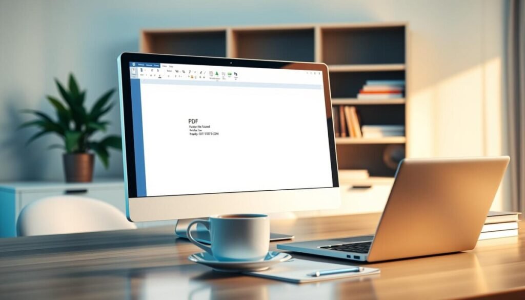 A close-up image of a sleek, modern Microsoft Word interface open on a computer screen, displaying a PDF file ready for compression. In the foreground, the screen glows softly, highlighting the file’s details like the file name and size information. The middle ground features an elegantly designed office desk with a stylish laptop, a cup of steaming coffee, and a few documents organized neatly beside it. In the background, a softly blurred bookshelf filled with books creates an atmosphere of productivity and focus. The lighting is bright yet warm, suggesting a comfortable workspace, captured from a slight upward angle to emphasize the task at hand. The overall mood is professional and efficient, ideal for illustrating a section on compressing PDFs effectively. A close-up image of a sleek, modern Microsoft Word interface open on a computer screen, displaying a PDF file ready for compression. In the foreground, the screen glows softly, highlighting the file’s details like the file name and size information. The middle ground features an elegantly designed office desk with a stylish laptop, a cup of steaming coffee, and a few documents organized neatly beside it. In the background, a softly blurred bookshelf filled with books creates an atmosphere of productivity and focus. The lighting is bright yet warm, suggesting a comfortable workspace, captured from a slight upward angle to emphasize the task at hand. The overall mood is professional and efficient, ideal for illustrating a section on compressing PDFs effectively.