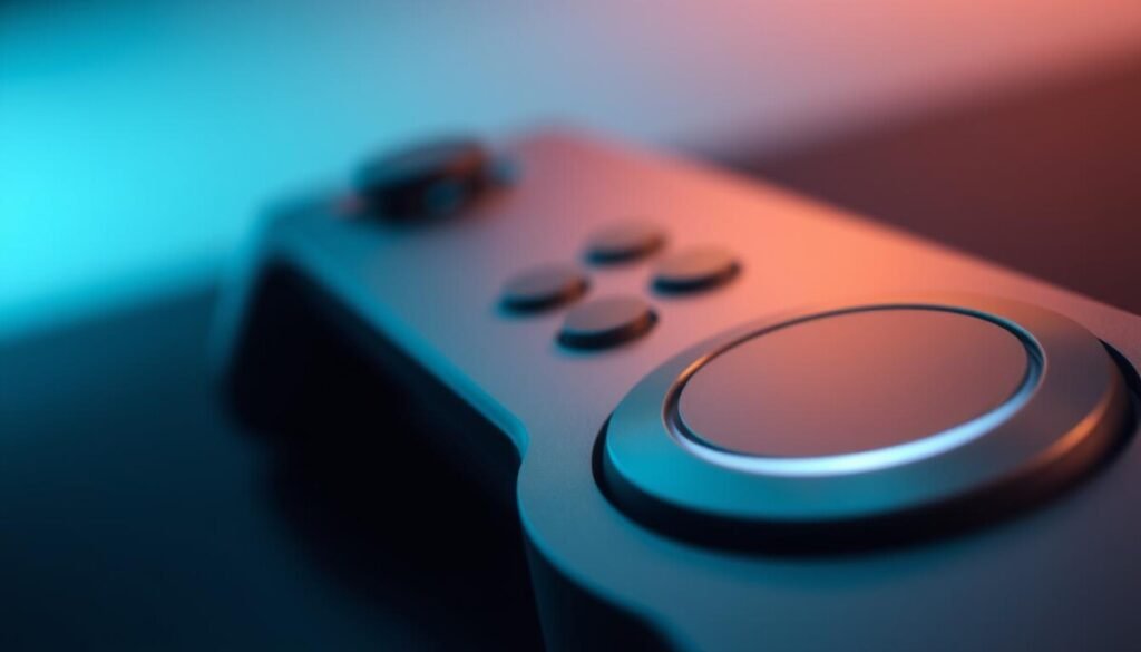 A close-up image of a sleek, modern power button, prominently featured in the foreground. The button is circular, with a matte finish and a subtle glow emanating from its edge, indicating it's in an active state. The middle ground showcases a blurred Steam Deck console partially visible, hinting at the context of troubleshooting. The background is softly focused, with a gradient of dark to light blues, creating a high-tech atmosphere. Soft, diffused lighting highlights the power button, casting gentle shadows and enhancing the metallic texture. The overall mood is one of calm determination, suitable for a technical troubleshooting context.