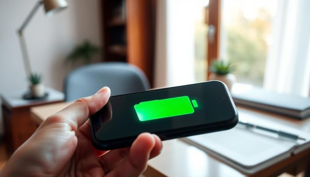 A close-up image of a smartphone battery icon displayed prominently on the screen, showing a vibrant green color indicating good health. The foreground features a gentle hand holding the phone at an angle, emphasizing the device's glossy surface. In the middle ground, blurred elements include an elegant wooden desk with a small succulent plant and a notebook with a pen, suggesting a workspace atmosphere. The background features a soft-focus window with natural daylight streaming in, creating a warm, inviting mood. The lighting should be bright yet diffused, highlighting the battery icon and the phone's sleek design. The overall atmosphere is one of responsibility and attentiveness toward technology use, conveying the importance of monitoring battery health.