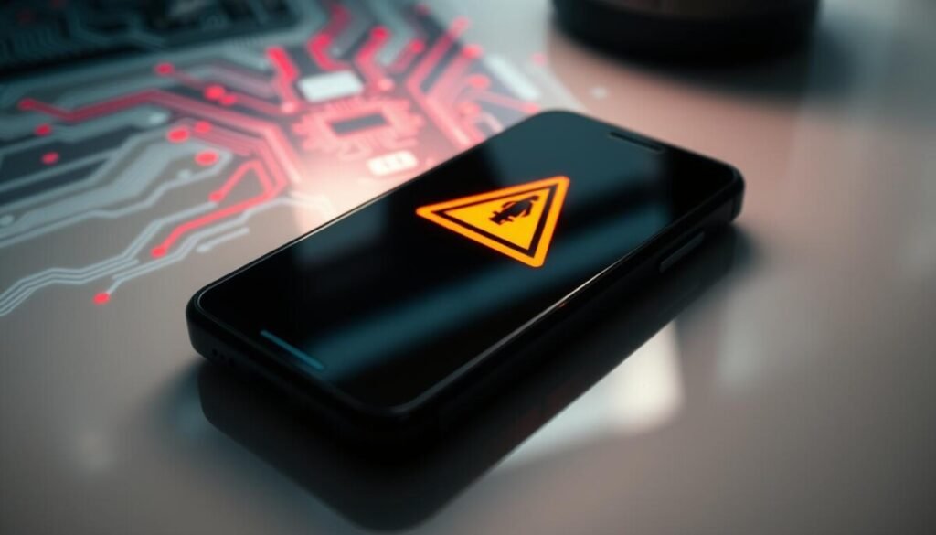A close-up image of a smartphone displaying a thermal warning symbol on the screen, with visible warning lights glowing red. The background features a subtle abstract representation of digital circuits and malware patterns, symbolizing cryptojacking. In the foreground, the phone sits on a clean, modern desk with a faint reflection of the surface. Soft, dramatic lighting highlights the phone while casting shadows that enhance the sense of urgency. The camera angle is slightly tilted to create a dynamic perspective. The mood is tense and cautionary, emphasizing the potential dangers of malicious software and its effect on smartphones.