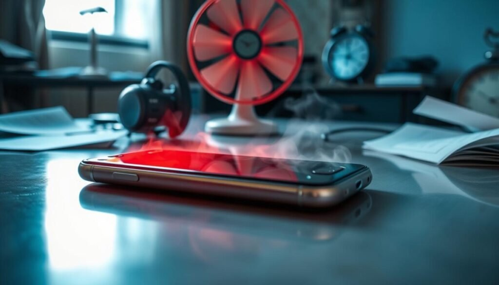 A close-up image of a smartphone resting on a reflective, cool surface, with visible heat distortion emanating from the device. The phone shows signs of overheating, such as a bright red display warning sign and steam rising from the edges. The foreground highlights the phone’s sleek design and glass surface, while the middle ground captures a table with a small fan blowing air towards the phone, emphasizing immediate action to cool it down. In the background, a dimly lit room suggests a stressed atmosphere, with scattered paperwork and a clock displaying an early evening time. The lighting is soft yet highlights the heat effects around the phone, creating a worried yet focused mood, suggesting urgency in managing technology.