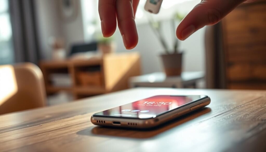 A close-up image of a smartphone resting on a wooden desk, visibly warm with heat waves emanating from its surface. The phone's screen displays a vibrant notification alert, hinting at a recent software update. In the foreground, a pair of hands gently hovering above the phone, as if ready to pick it up, conveying a sense of caution. The background is softly blurred, featuring a cozy home environment with soft, ambient lighting that suggests a calm but slightly tense atmosphere. The overall mood reflects concern about the phone's temperature, illustrating the importance of proper care. Natural sunlight streams in through a nearby window, casting gentle shadows and highlighting the details of the phone and desk. A close-up image of a smartphone resting on a wooden desk, visibly warm with heat waves emanating from its surface. The phone's screen displays a vibrant notification alert, hinting at a recent software update. In the foreground, a pair of hands gently hovering above the phone, as if ready to pick it up, conveying a sense of caution. The background is softly blurred, featuring a cozy home environment with soft, ambient lighting that suggests a calm but slightly tense atmosphere. The overall mood reflects concern about the phone's temperature, illustrating the importance of proper care. Natural sunlight streams in through a nearby window, casting gentle shadows and highlighting the details of the phone and desk.