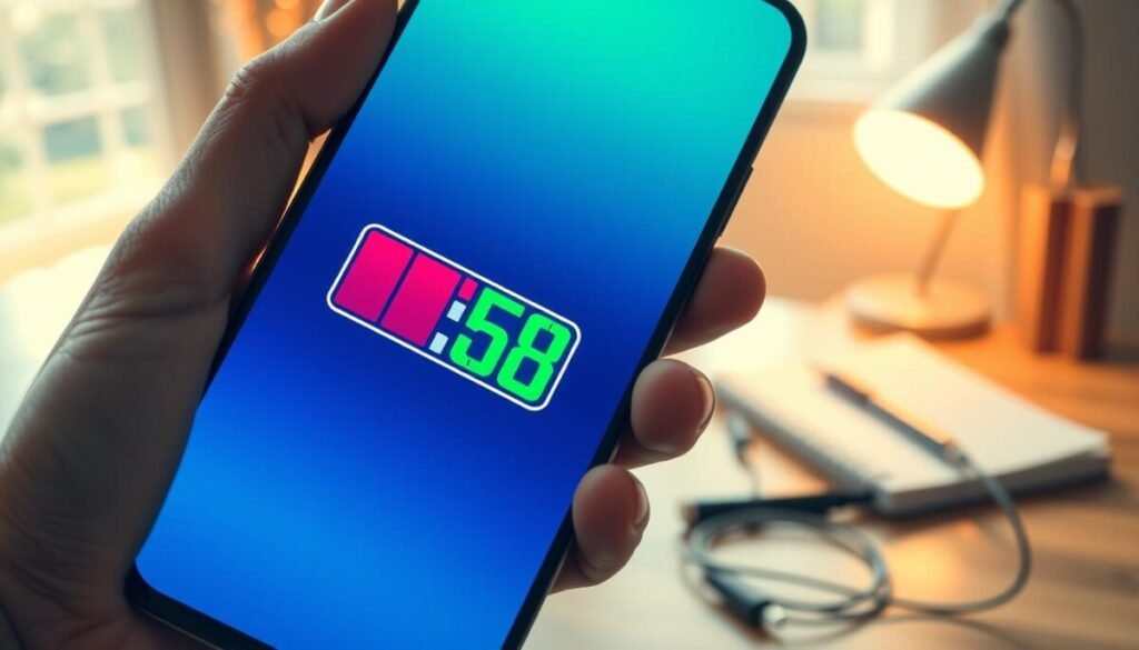A close-up image of a smartphone screen displaying a vibrant battery percentage icon, prominently featuring a fluctuating number indicating battery levels. The foreground showcases the phone held in a hand, accentuating realistic skin textures and a focused view of the device. In the middle ground, a subtle hint of a desk setup with notebooks and charging cables is blurred to provide context without distraction. The background includes a softly lit room, with warm tones creating a cozy atmosphere, illuminated by natural light spilling in from a nearby window. The angle should emphasize the smartphone's sleek design while conveying an air of urgency or concern about battery health. The scene should evoke a sense of contemplation and technical curiosity, reflecting the theme of phone battery calibration.