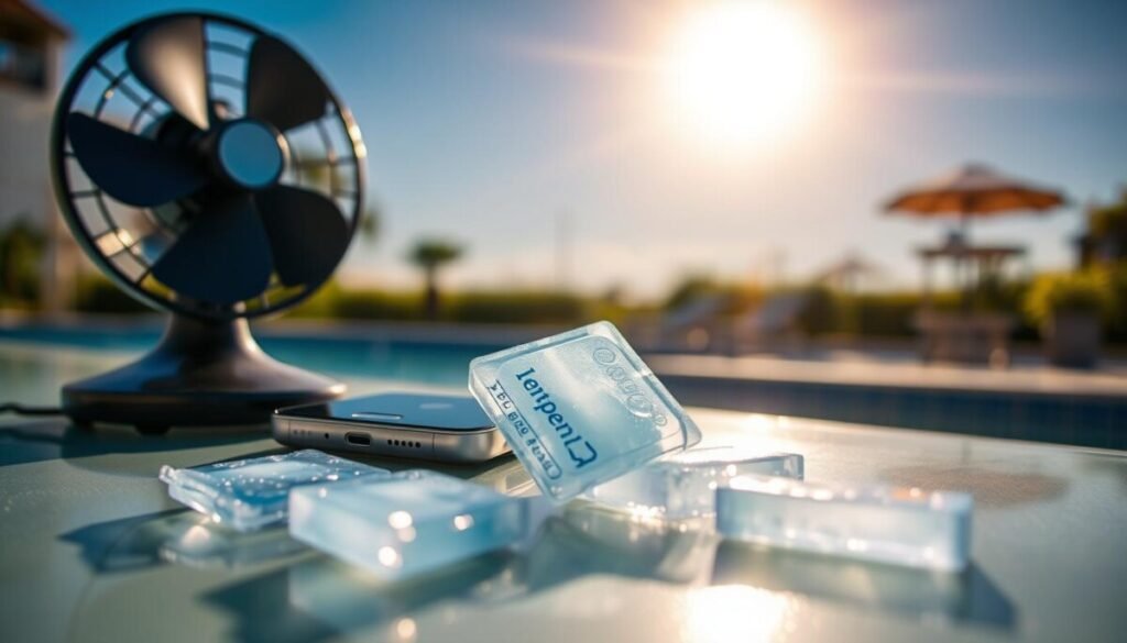 A close-up image of a smartphone sitting on a cool, reflective surface like glass or metal, surrounded by several immediate cooling methods. In the foreground, a small fan blows air towards the phone, with icy gel packs placed beside it, subtly glowing to emphasize their cooling effect. In the middle ground, a bright sun with rays shining down illustrates the hot weather context. Soft shadows are cast from the phone and cooling items, creating depth. The background features a blurred out outdoor scene, such as a pool or garden, enhancing the sunny atmosphere. The lighting is bright and inviting, capturing a warm yet desperate need for relief, emphasizing the urgency of keeping devices cool. A close-up image of a smartphone sitting on a cool, reflective surface like glass or metal, surrounded by several immediate cooling methods. In the foreground, a small fan blows air towards the phone, with icy gel packs placed beside it, subtly glowing to emphasize their cooling effect. In the middle ground, a bright sun with rays shining down illustrates the hot weather context. Soft shadows are cast from the phone and cooling items, creating depth. The background features a blurred out outdoor scene, such as a pool or garden, enhancing the sunny atmosphere. The lighting is bright and inviting, capturing a warm yet desperate need for relief, emphasizing the urgency of keeping devices cool.